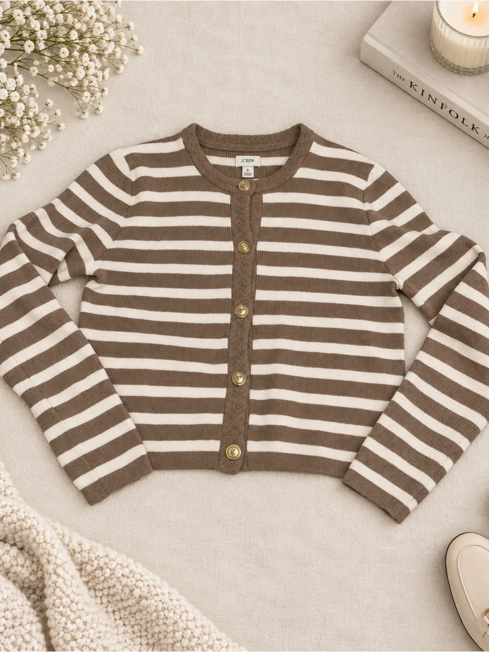 J.Crew Striped Cardigan Sz S Brown Cream Gold Buttons Preppy Coastal Grandmother